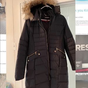 Express.  Long black puffer with faux fur hood.  Size L.